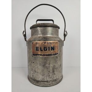 Vintage Elgin Galvanized Metal Milk Can 4 Qt Farm Dairy Pail Paper Label Lid